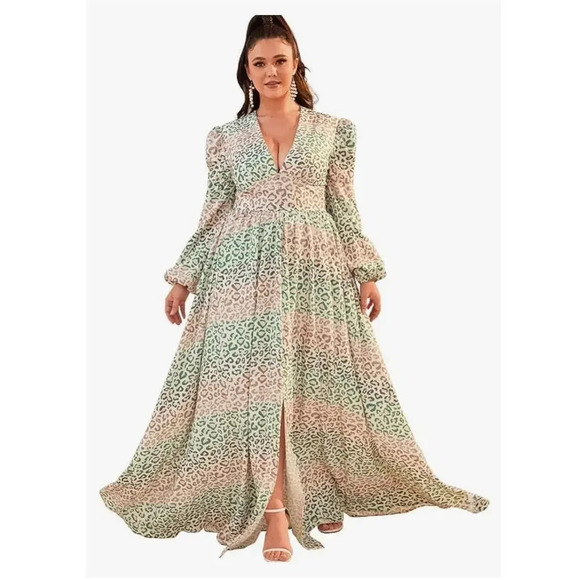 Giffniseti Leopard Print Maxi Dress Slit V-Neck Long Sleeve Retro Inspired Sz 12 - Picture 1 of 10